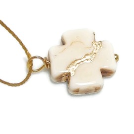 Kintsugi Petite 16mm Square Cross White Howlite, Broken, Mended with 23k Gold, Cord Necklace