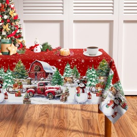THAWAY Christmas Tablecloth 60×84 Inch Rectangular Winter Snowman House Christmas Trees Red Washable Table Cover Waterproof Polyester Christmas Table Cloths for Holiday Home Picnic Dinner Decor