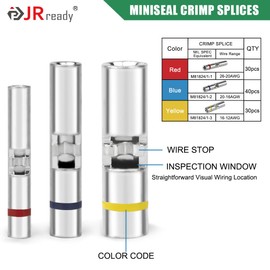 JRready ST6387 M81824/1 Series MiniSeal Crimp Splices 100Pcs Bare Butt Splice Connectors Seamless Copper Crimp Splices 12# (Yellow), 16# (Blue), 20# (Red), MiniSeal for Secure Wiring