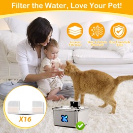 16+16 Pack Replacement Filters Compatible with FEELNEEDY 108oz/3.2L Cat Water Fountain(FN-W17), 6 Month Set for Pet Water Dispenser, Includes 16 Filters & 16 Sponges