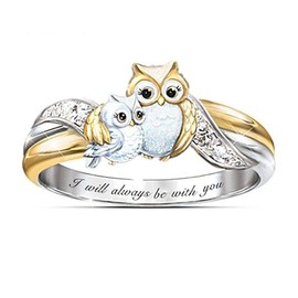 XIAOXIONG Owl Ring with Diamond Inlay Animal Finger Ring Mother's Day Mother Daughter Gifts Mum, Aluminium