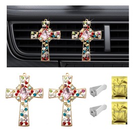 KVAEY 2 PCS Bling Car Air Vent Clip, Crystal Cross Air Conditioner Outlet Air Fresheners Vent Clips, Sparkly Bedazzled Decor Rhinestone Cross Diffuser Clip, Interior Car Accessories (Light Pink)
