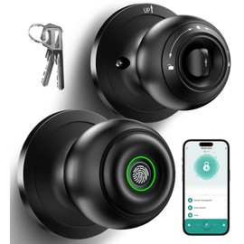 Fingerprint Door Lock, Smart Fingerprint Door Knob with Lock, Biometric Door Lock with App Control & Key, Keyless Thumbprint Entry Door Lock for Bedroom, Front Door, Home, Apartment Office-Black