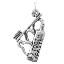 Toothpaste and Toothbrush Charm Antiqued Sterling Silver