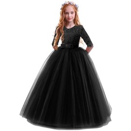 Little Big Girls Flower Vintage Floral Lace 3/4 Sleeves Floor Length Dress Tulle Wedding Birthday Party Evening Formal Prom Dresses Summer A Line Pegeant Long Maxi Dance Ball Gown Black 5-6
