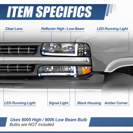 Auto Dynasty 4PCS LED DRL Headlights Assembly and Bumper Lamps Compatible with Chevy Silverado Suburban 1500 2500 3500 Tahoe 99-06, Driver and Passenger Side, Black Housing Amber Corner