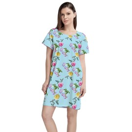 MAKABO Women's House Dress with Pockets Soft Short Sleeve Casual Blue Floral Print Moomoo Nightgowns for Women