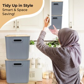 Luxe Function Storage Bins with Bamboo Lid – Stackable, Multi-Purpose Organizers for Pantry, Closet, Kitchen, and Home – Elegant Wicker-Style Design with Ergonomic Handles (Grey)