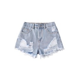 Ecolala Girls Ripped Jean Shorts High Waisted Straight Leg Denim Shorts with Pockets Blue 9-10Y