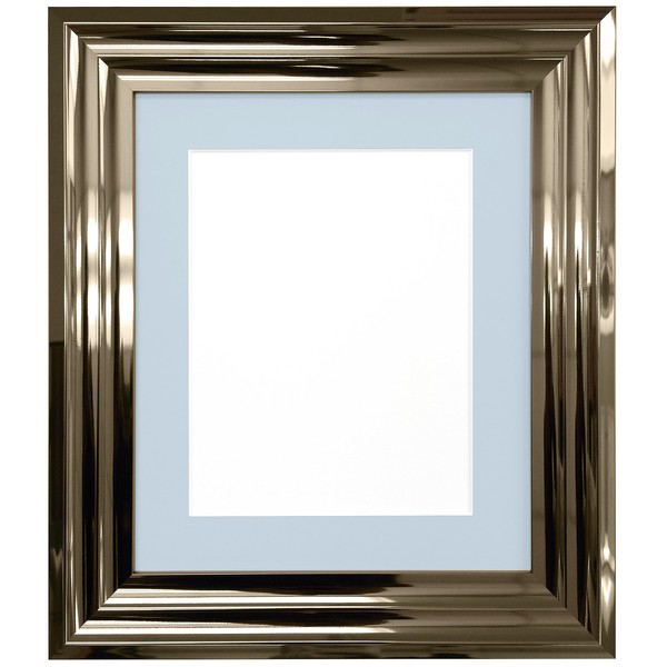 FRAMES BY POST Firenza High Gloss Gunmetal Picture Photo Frame with Blue Mount Plastic Glass 16\"x12\" for Image Size 12\"x8\