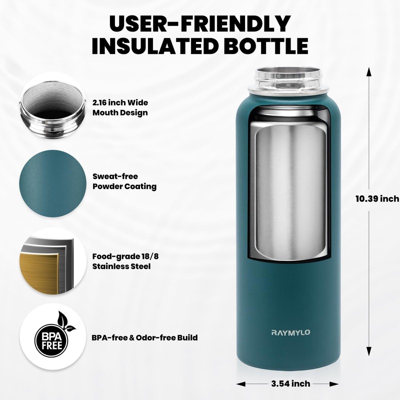 RAYMYLO Insulated Water Bottle 40 oz, Triple Wall Vacuum Stainless