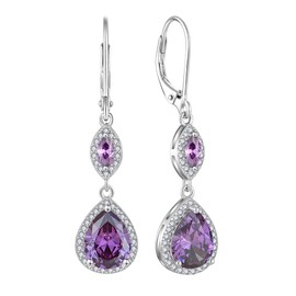 PYNZY Dangle Drop Earrings for Women, 925 Sterling Silver Earring 7×9MM Teardrop Created Amethyst Birthstones Wedding Earrings with Leverback Jewelry