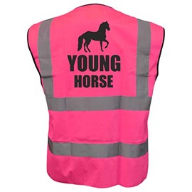 Equestrian YOUNG HORSE Hi Viz Vis Vest Horse Riding Reflective Waistcoat Jacket Road Safety Visibility Pink Medium