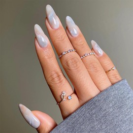 MERVF Almond Press on Nails Medium Fake Nails Press ons Blue Glue on Nails with Marble Design Stiletto Acrylic Nails Glossy 24pcs False Nails