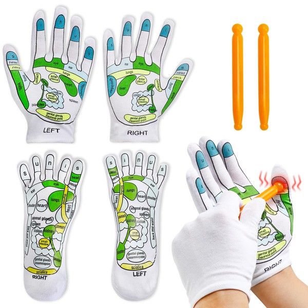 Onukaly 4PCS Acupressure Reflexology Socks and Gloves Tool Set, Hand Spa Reflexology Tools Massage and Foot Massage with Massage Rod for Women and Men Tired Relieve