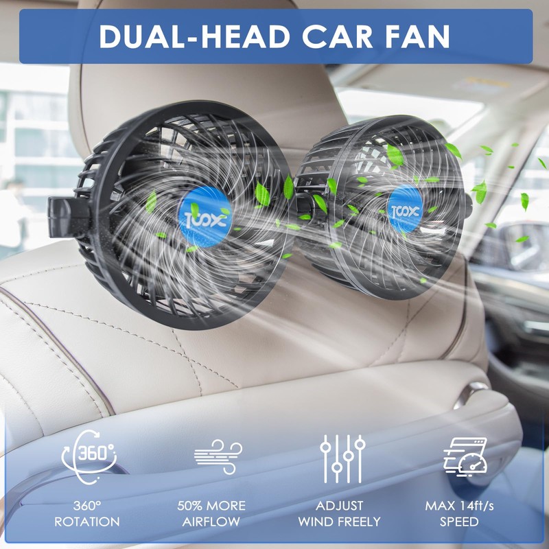 XOOL Clip Car Fan, Adjustable Dual Head 4 Inches 12V