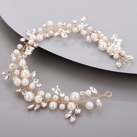 Chargances Bridal Pearl and Rhinestone Hair Vine Wedding Crystal Beaded Headband Dainty Gold Handmade Hair Accessories for Women and Girls (Gold)