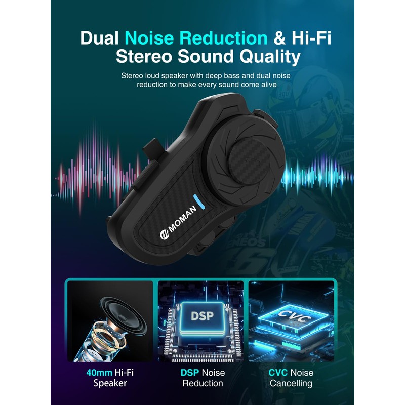 Moman Motorcycle Intercom, H2 Pro【2 Pack Carbon】 Helmet Headset Wireless