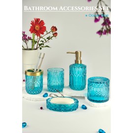 LaMarriti 5Pcs Teal Blue Bathroom Accessories Set, 5 Pcs Turquoise Glass Bathroom Accessories with Lotion Soap Dispenser, Soap Dish, Toothbrush Holder, Tumbler, Cotton Swab Jars, Modern Bathroom Decor