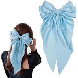 1Pc Light Blue Jumbo Bow Clip with Tails Hair Bow Clip For Girls Silky Satin Hair Barrettes Metal Clip,French Barrette Long Tail Bowknot Hairpin Hair Pins,Clips Hair Accessories