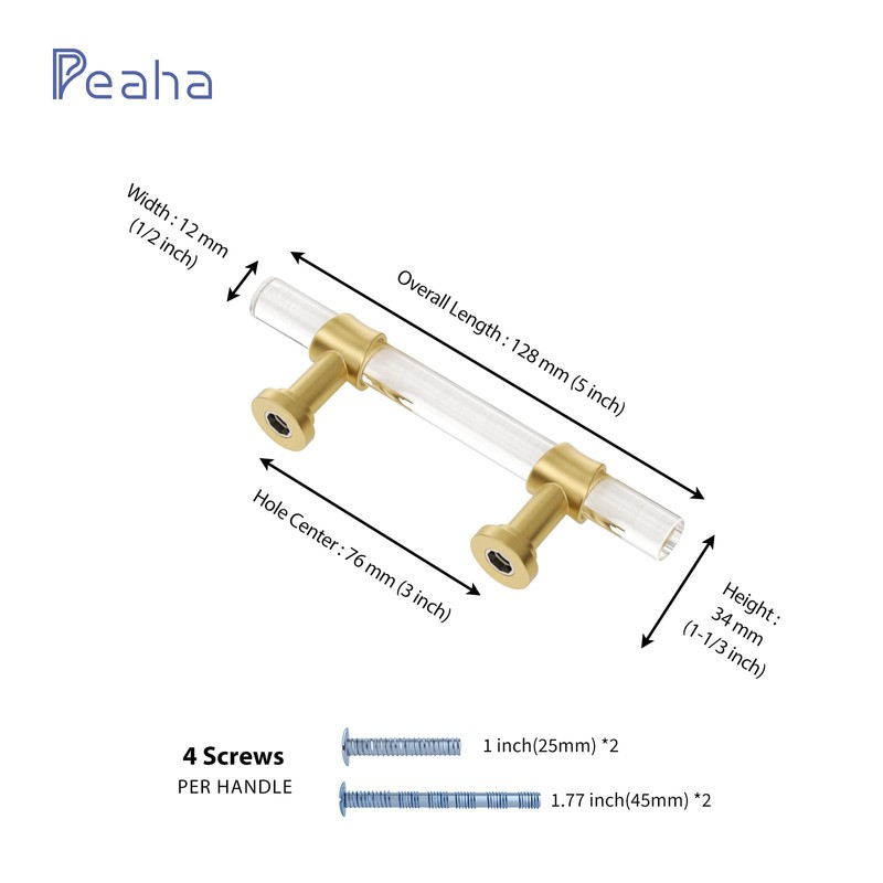 Peaha 10 Pack 3 Inch Acrylic Cabinet Pulls Gold Drawer