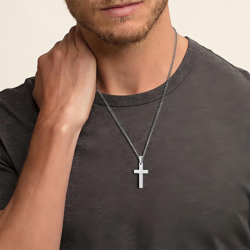 NJCXOLA Cross Necklace Men's Cross Chain Men's Silver Stainless Steel
