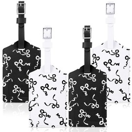 Threehoney 4 Pcs Coquette Bow Luggage Tags Preppy Cute Trendy Aesthetic Gifts PU Leather Travel Name Identifiers Tags (Black)