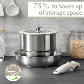 KOCH SYSTEME CS Stainless Steel Pots and Pans Set, 7 Piece Stainless Steel Cookware Set with Detachable Handle, Kitchen Cookware Set with Removable Handle, Steel Pots and Pans Induction Compatible