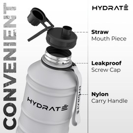 HYDRATE Stainless Steel 1.3 and 2.2 Litre Water Bottle with Nylon Carrying Strap & Leak-Proof Screw Cap Lid - Durable 304 Stainless Stee BPA-free Metal Gym Water Bottle - Multiple Colors Options