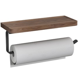Danpoo Wall Mounted Paper Towel Holder with Natural Walnut Shelf, Black – Elegant Kitchen & Bathroom Organizer