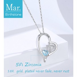 RAODA I Am a Child of God Birthstone Necklace - Heart Initial for Girls 4-8, 18K White Gold Plated, Baptism & First Communion Gift (Lab Grown Aquamarine)