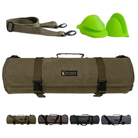 BAOBAB COUNTY Chef Knife Roll Bag - Premium 12oz Waxed Canvas Chef Knife Case, 11 Slots - Ideal Chef's Knife Bag for Carving Knives, Cleaver, Chef Tools & Utensils - Army Green - Oven Mitts Included