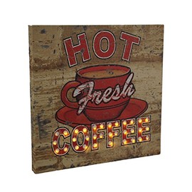 Zeckos Hot Fresh LED Lighted Coffee Vintage Finish Canvas Wall Hanging
