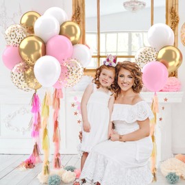 Patimate Pink Gold Confetti Balloons Set, 50 pcs 12 inch Metallic Gold Pastel Pink White Confetti Latex Balloons Kit for Birthday Baby Shower Girl Princess Party Decorations