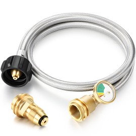 Vicenpal Propane Tank Extension Hose Braided with Gauge and Tank Adapter Converts Pol to Qcc1, Propane Hose Adapter Braided with Gauge for Gas Grill, Stove, Heaters and More Appliances(3 ft)