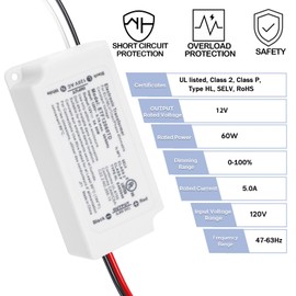 Hanbaak 60W Dimmable LED Driver, Electronic Transformer, 120V AC to 12V DC Power Supply for LED Strip Light, Low Voltage Lighting Project, Compatible with Lutron Leviton Dimmers, UL Listed, Class 2