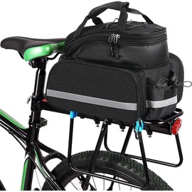 KLERICER Bike Rear Rack Bag,10-25L Bicycle Trunk Bag with Rain Cover, Pannier Bike Bag with 2 Side Foldable Panniers, with Reflective Strips and Shoulder Strap, for Shopping,Cycling,Trip (Black)
