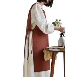 Japanese Cotton Linen Cross Back Work Apron for Women with Pockets Pinafore Dress Smock