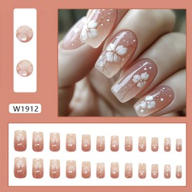 Medium Press on Nails Nude Gloss Fake Nails with White Flowers Designs Full Cover Glue on Nails Reusable Artificial Stick on Nails for Women 24 Pcs