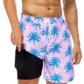 techcity Mens Swim Trunks with Compression Liner 2 in 1 Quick Dry Bathing Suit Swim Shorts