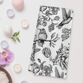 Fuasei Vintage Kitchen Towels, Black and White Floral Hummingbird Hand Towels, Retro Dish Towels, Retro Kitchen Decor, 16x24 Inch