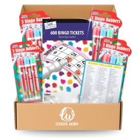 Lexellas World Bingo Game Night Set Bundle with 4 Packs Quick Dry Colourful Dabbers, 600 Bingo Tickets and Calling Card for Family Games and Parties