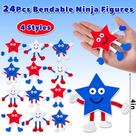 24 Pcs Patriotic Bendable Toys Posable Patriotic Star Character Figures Independence Day Party Favors Stress Relief Fidget Toys Gifts for Boys Girls Goodie Bag Stuffers 4th of July Parade, 3 Styles