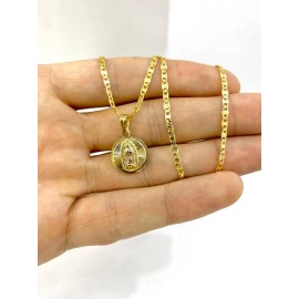 IsasJewelry Round Virgen de Guadalupe Pendant Necklace Valentino Chain 14" Baby Newborn Gold