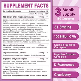 Probiotics for Women Digestive Health, 100 Billion CFUs Probiotic with Digestive Enzymes & Prebiotics, Vaginal Probiotics with Cranberry for Urinary Tract Health, pH Balance, 180 Veggie Capsules