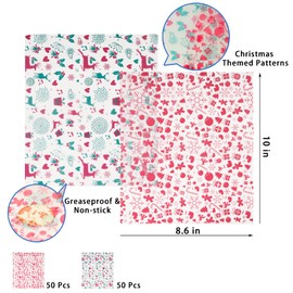 YBB 100Pcs Christmas Deli Wax Paper Sheets for Food, Basket Liners Food Picnic Paper Sheets Greaseproof Deli Wrapping Sheets, 10 x 8.6 Inch (Christmas)