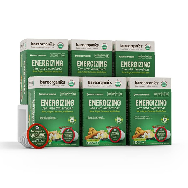 BareOrganics Energizing Tea With Superfoods & Probiotics | Keurig K-Cup Compatible Tea Pods | USDA Certified Organic, Vegan, Non-GMO & Recyclable 60ct