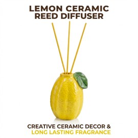 Lemon Scented Reed Diffuser Set – 6.76 fl oz (200ml) with Sticks, Creative Lemon-Shaped Ceramic Design for Home, Bedroom & Bathroom Decor, Long Lasting Aromatherapy Gift