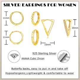 Zolkamery Hoop Earrings 925 Sterling Silver Hoop Earrings Set for Women, 3 Pairs Hypoallergenic Cubic Zirconia Hoop Huggie Set, Small Unisex Sleeping Earrings for Multiple Ear Holes in 12 15 mm