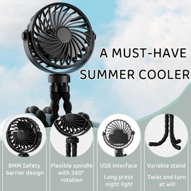 Fancysky USB Portable Pram Fan, Flexible Tripod Fan, Fan for Pushchair with Adjustable Tripod with 3 Speeds / 360° Rotation (Black)